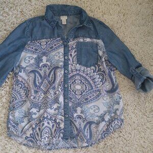 Chico’s Petite S Chambray Paisley Blouse Lyocell Viscose Button Front